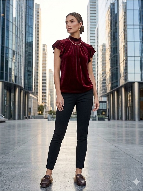 Olive & Oak Tops - OLIVE + OAK Burgundy Velvet Mock Neck Ruffle Sleeve Blouse Women's S